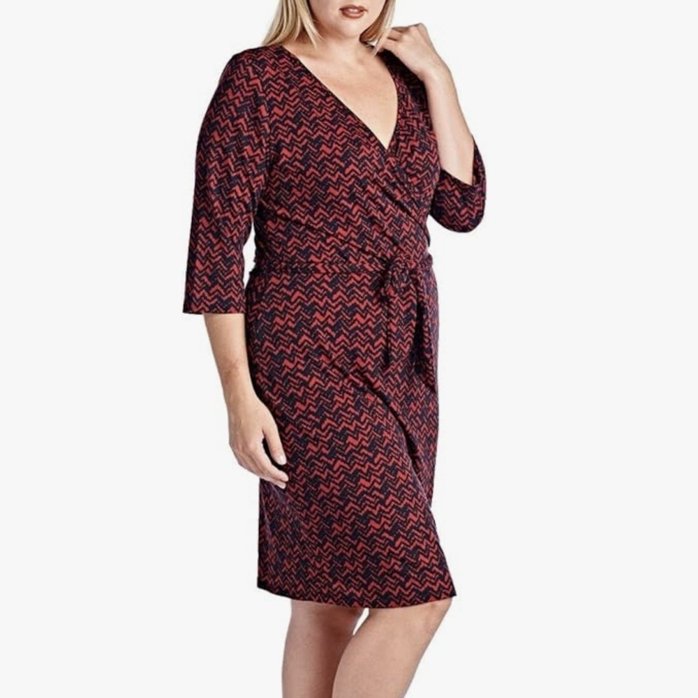 Ralph Lauren Red Geometric‎ Side Ruched 3/4 Sleeve Stretch Sheath Dress Size 14